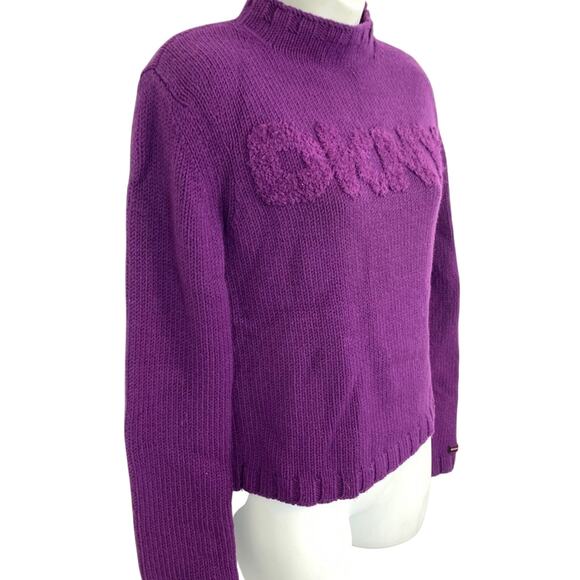 Donna Karen DKNY Purple Chunky Knit Mock Neck Sweater Logo Textured Raised XS - Picture 3 of 16
